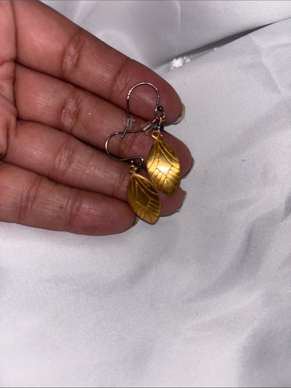 Authentic Satya Jewelry 18k Gold Plated Etched Leaf Dangle Earrings Blue Bead